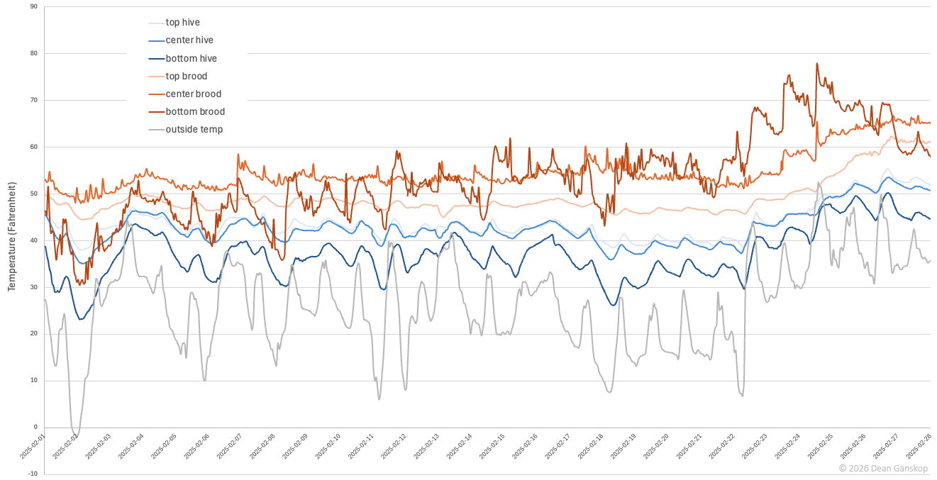 Line chart comparing cluster vs. hive vs. outside temperature